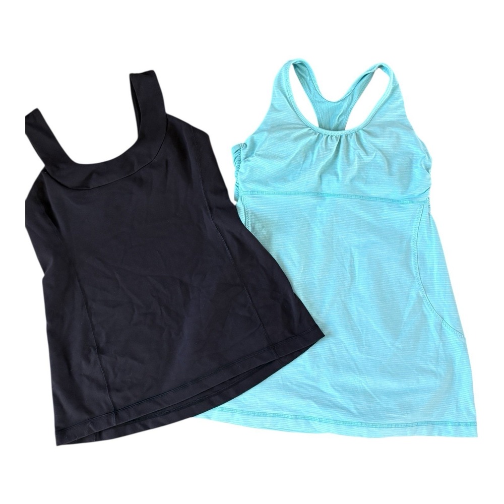 2 Lululemon Turbo Tonka Stripe Blue Angel Tank Top & Black‎ Sport Tank Size 6